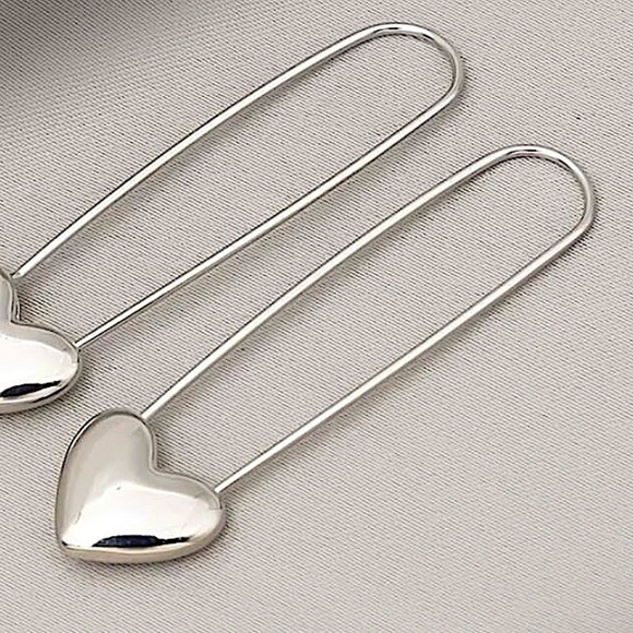 Heart Safety Pin Gold Sterling Silver Earrings Set - Picture 4 of 11